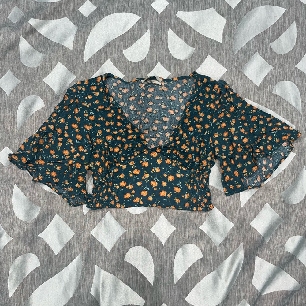 Green floral print blouse